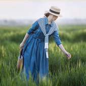 半岛时光 衬衫 领连衣长裙女春季 忆旧 七分袖 木耳边苎麻蓝色裙子