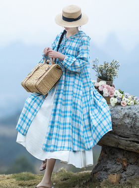 【云绻云舒】文艺蓝格子开衫女2025春夏季连帽色织棉印花系带外穿