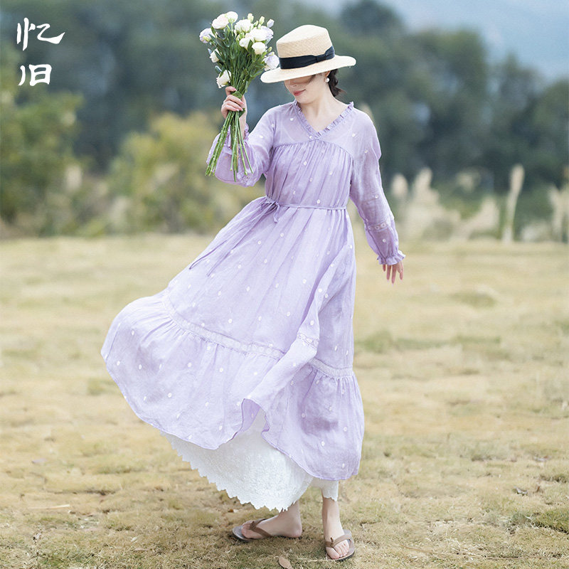 浪漫苎麻刺绣连衣裙蕾丝花边长裙