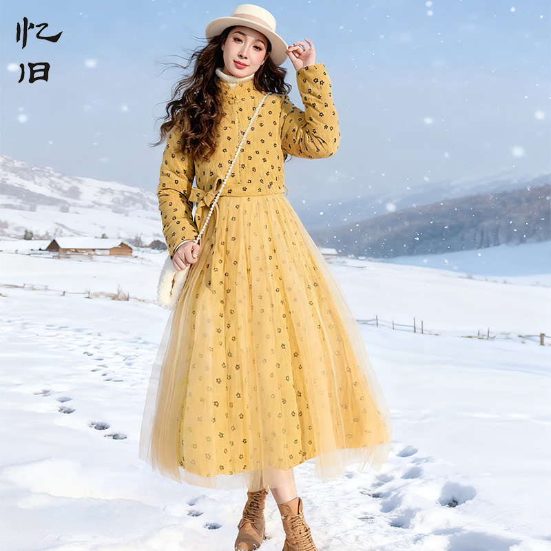 复古长款羽绒服女冬季印花厚外套