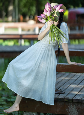 特惠【花月柔】圆领撞色系带连衣裙收腰显瘦长裙女夏季白色大摆裙