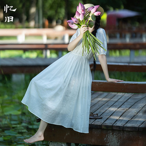 特惠【花月柔】圆领撞色系带连衣裙收腰显瘦长裙女夏季白色大摆裙