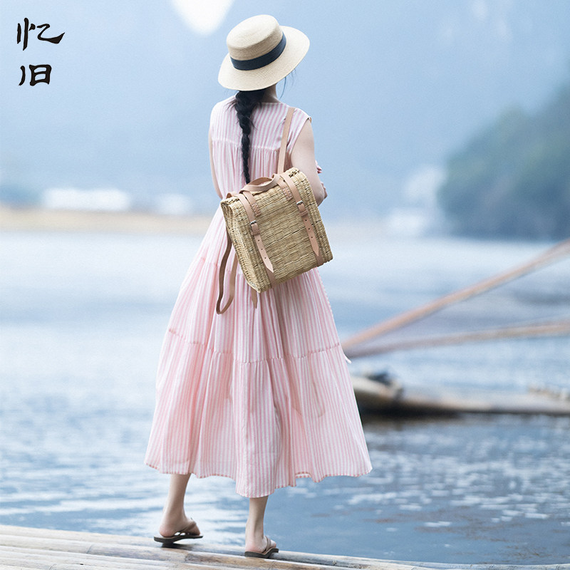 文艺条纹无袖连衣裙女春季薄长裙