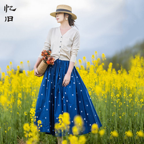 蓝色波点纯棉半身裙女春季印花裙