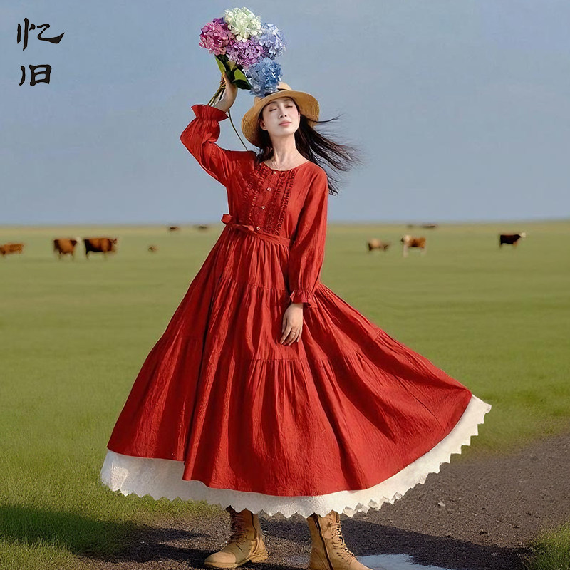 纯色圆领大摆连衣裙女早春长裙子