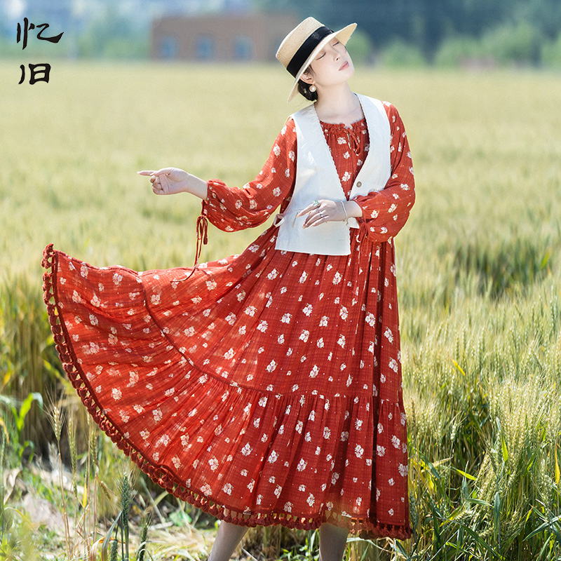 夏宽松连衣裙女复古灯笼袖印花裙