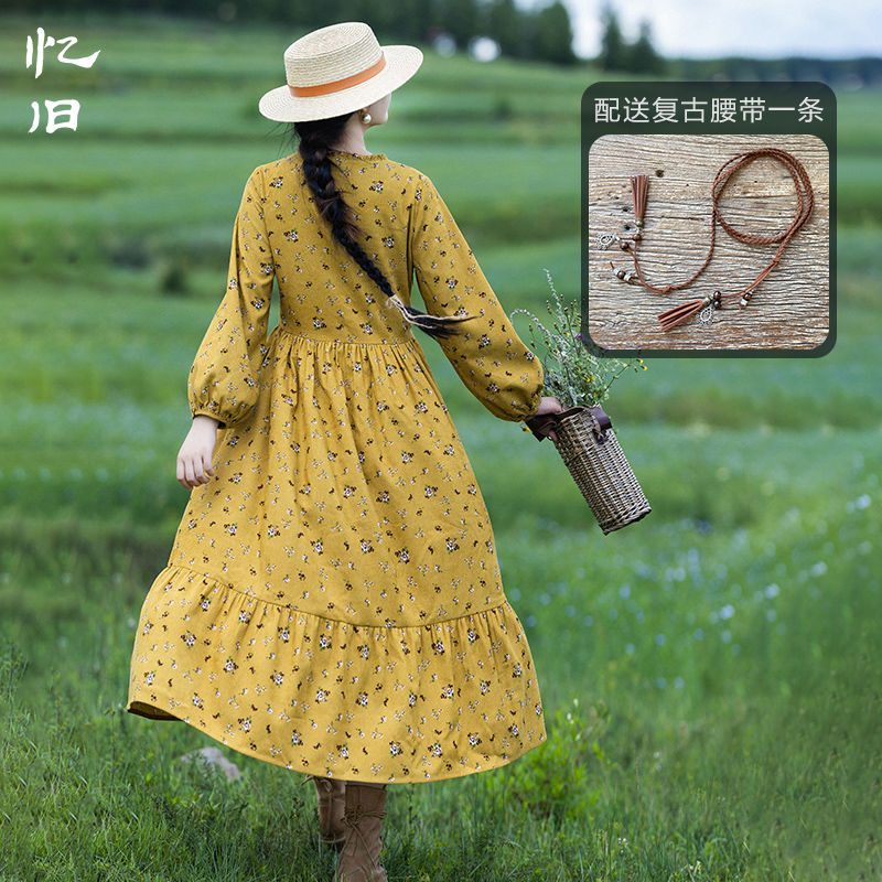 【金蕊冠】复古浪漫碎花连衣裙女秋季精致V领拼接灯芯绒印花长裙