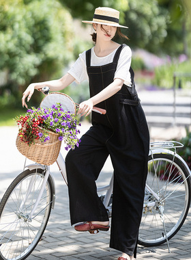 现货【那年初夏】夏季亚麻白色T恤女设计感黑色背带裤显瘦侧开叉