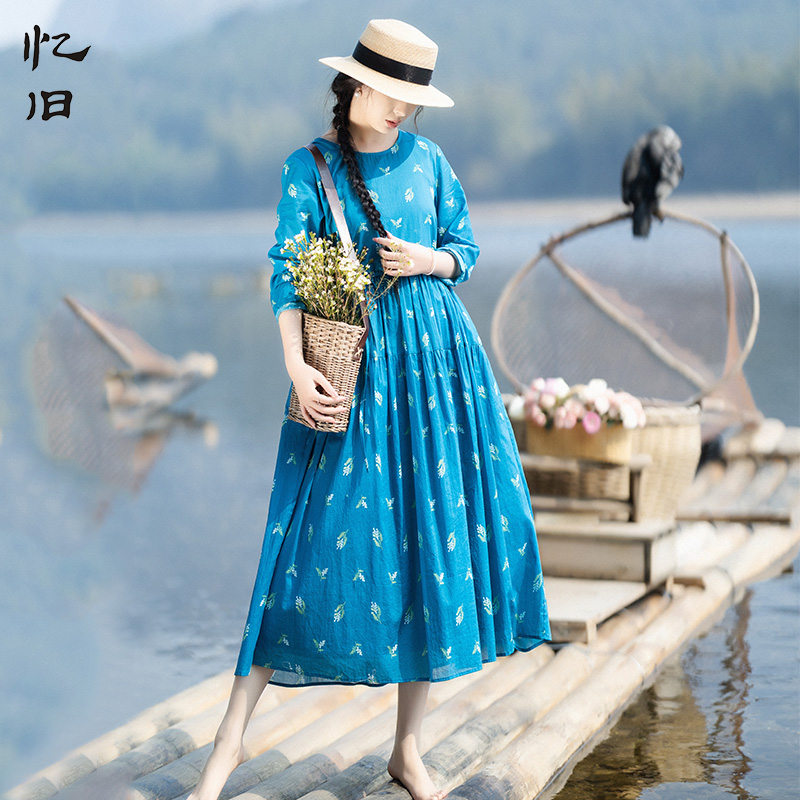 文艺圆领碎花连衣裙女蓝色长裙