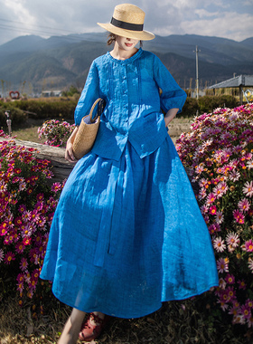 【绻思人】文艺蓝色织苎麻上衣女圆领2025秋季新款收腰半身裙套装