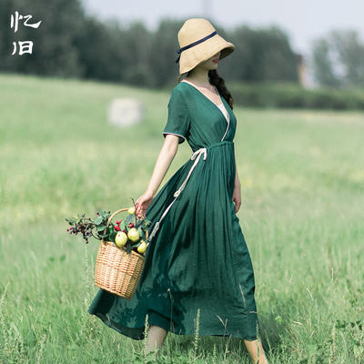 夏季新款复古长裙女系带连衣裙