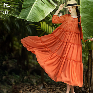 7折【初遇】红色连衣裙女2025夏季高级感宽松长裙蛋糕裙 送吊带