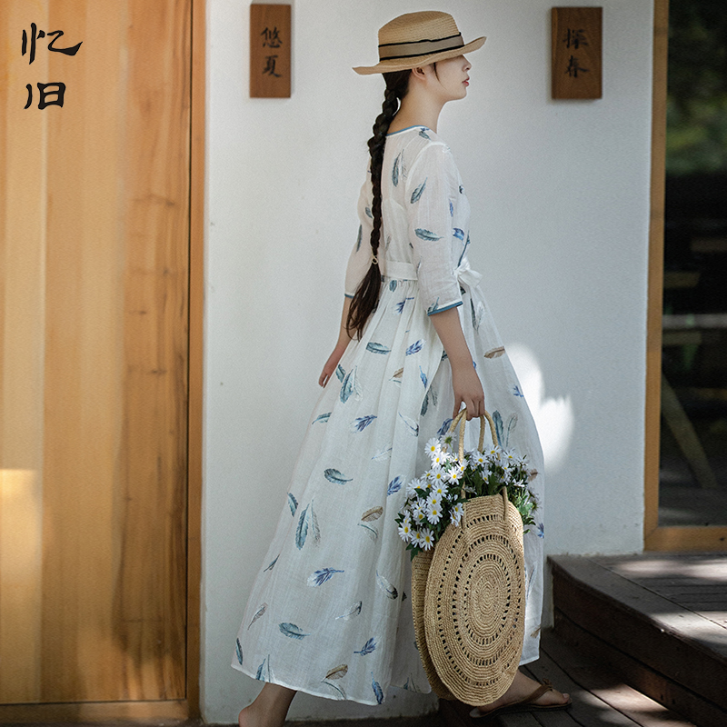 现货【羽赋】自制苎麻连衣裙女夏薄款2022新款刺绣长裙宽松白裙子