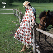 复古灯芯绒印花连衣裙女秋季 现货 红玫浮香 优雅浪漫荷叶边长裙