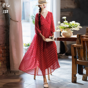 【6折】雪纺连衣裙女春夏季2026年新款港风波点长裙复古红裙子