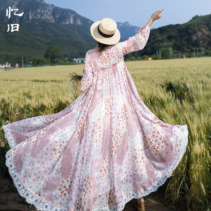 夏季粉色印花连衣裙女蕾丝花边裙