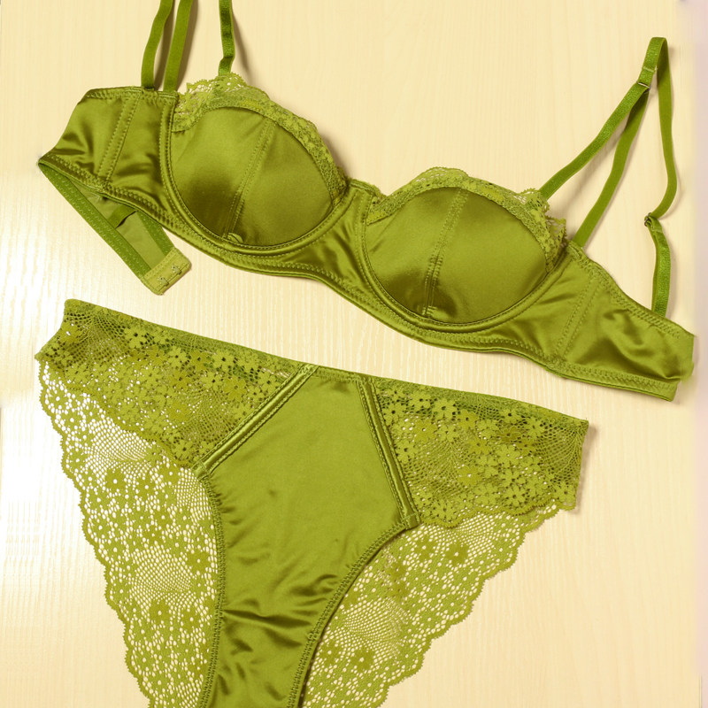 法式超薄蕾丝边文胸女聚拢无痕性感奶罩半杯抹胸绿色内衣裤套装女