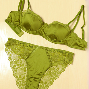 法式超薄蕾丝边文胸女聚拢无痕性感奶罩半杯抹胸绿色内衣裤套装女