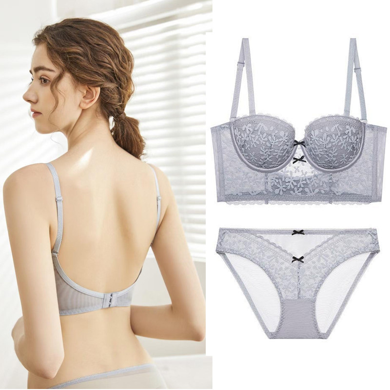 法式露背蕾丝内衣女U型聚拢收副乳胸罩大胸显小性感文胸套装新款