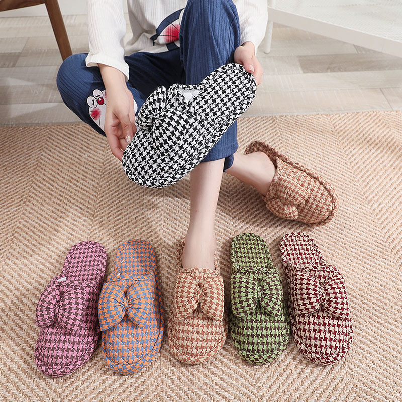 韩版可爱甜美情侣蝴蝶结防滑颗粒包脚布底拖鞋女地板静音秋冬四季