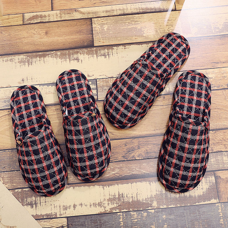 新款包脚格子韩版布艺布底拖鞋不伤地板家具室内静音秋冬季棉拖鞋