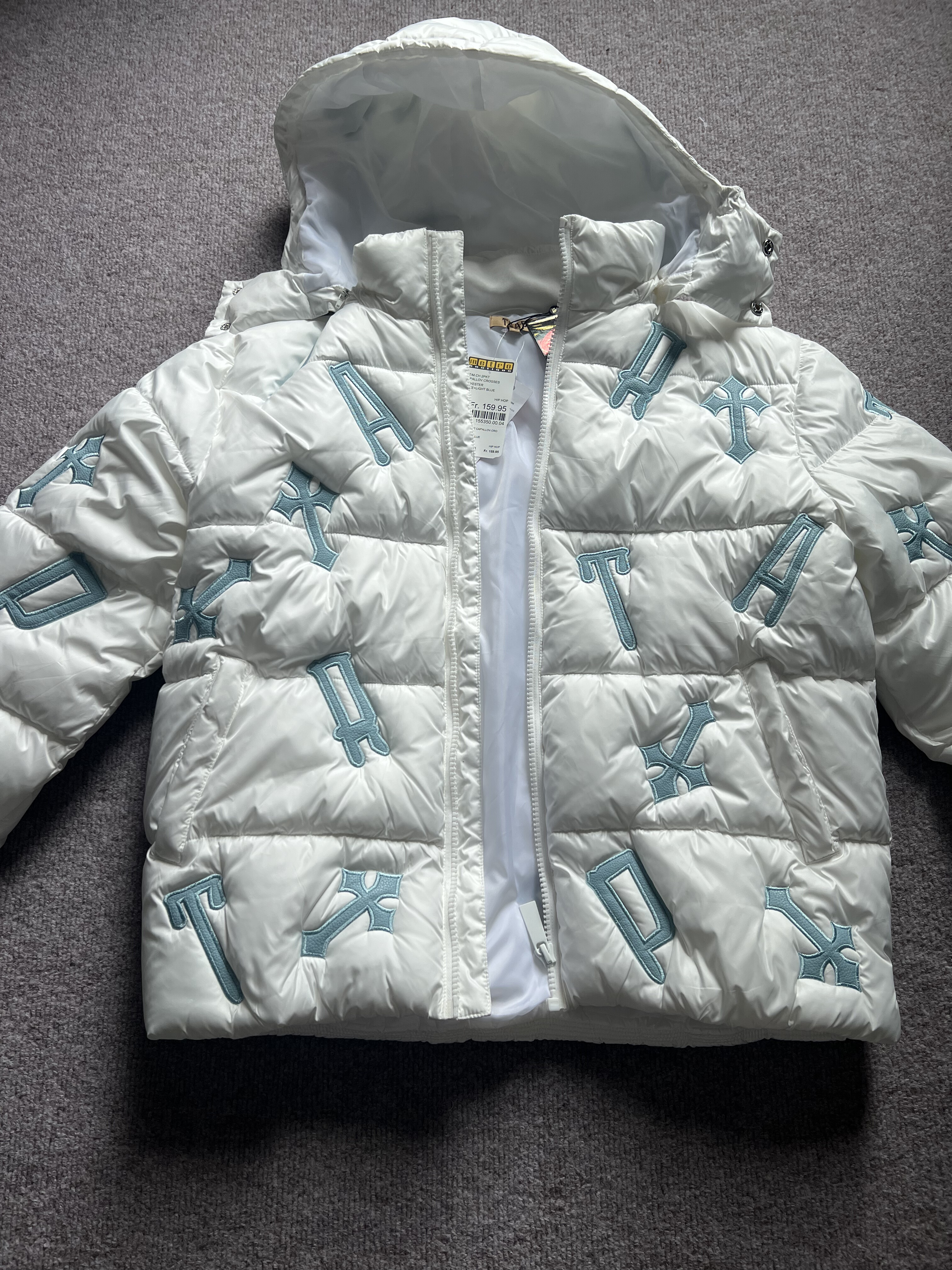 欧单 男生秋冬 白色刺绣拼布 时尚连帽 厚款面包棉服