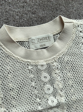 德单ZH 26新款 镂空针织钩花落肩宽松款度假风透视T恤纯棉罩衫