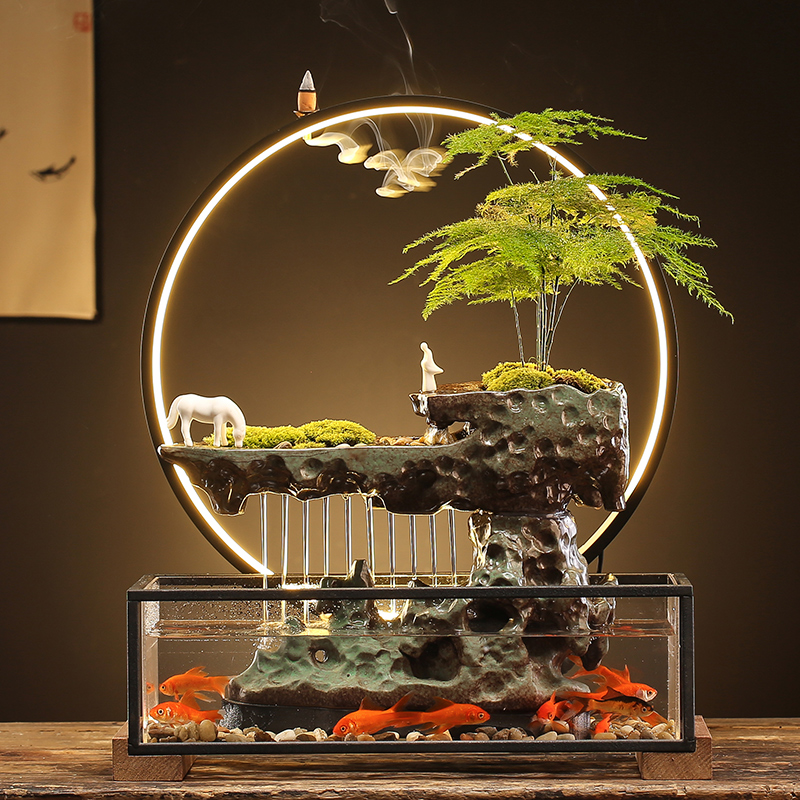 假山流水玻璃鱼缸摆件创意陶瓷客厅办公室桌面循环水生财乔迁礼品