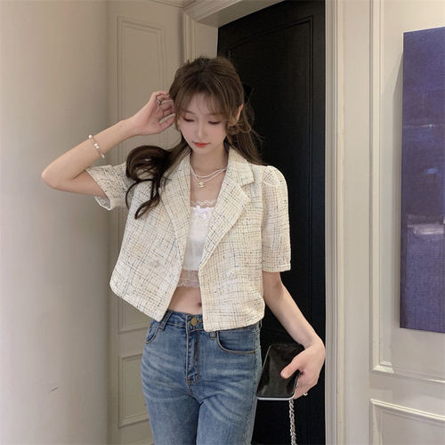 Spring / summer 2022 new French retro tweed two button Short Sleeve Plaid suit collar shirt blouse women's fashion