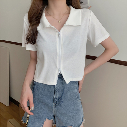 Ice thread summer slim zipper Polo neck short sleeve T-shirt women's top