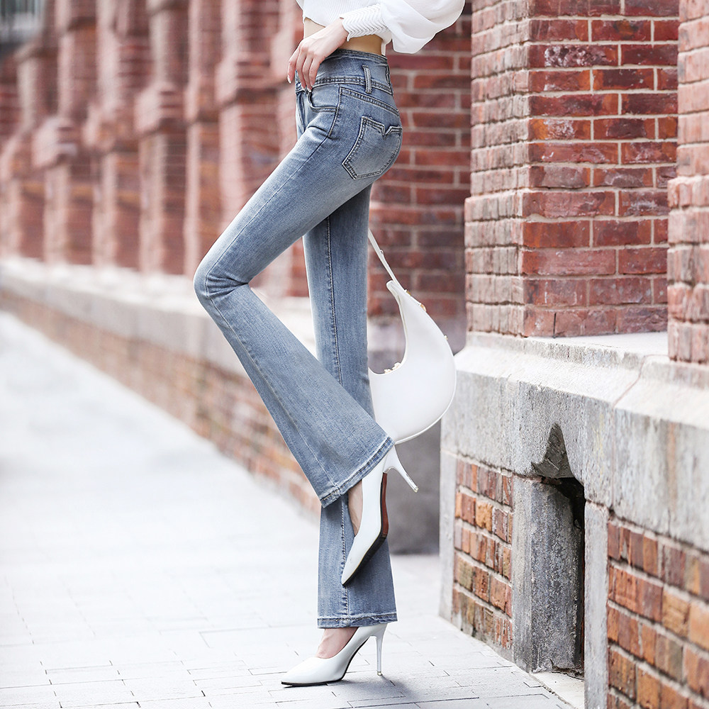音率原创意大利春季新性感包臀浅蓝色中高腰微喇叭牛仔裤加长裤潮