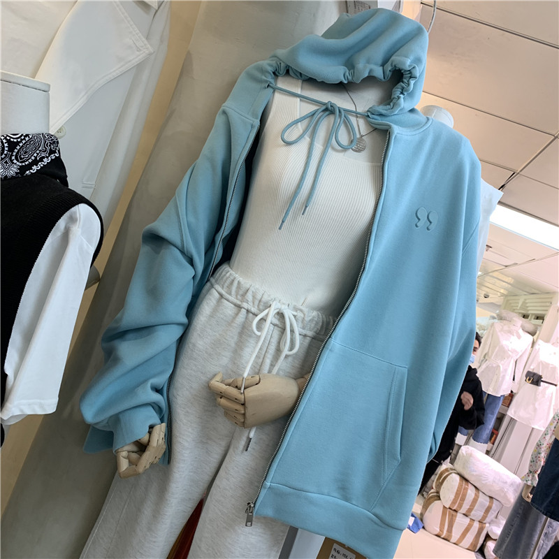 韩国2021新款宽松连帽大卫衣女学生中长款立体字母显瘦开衫外套女