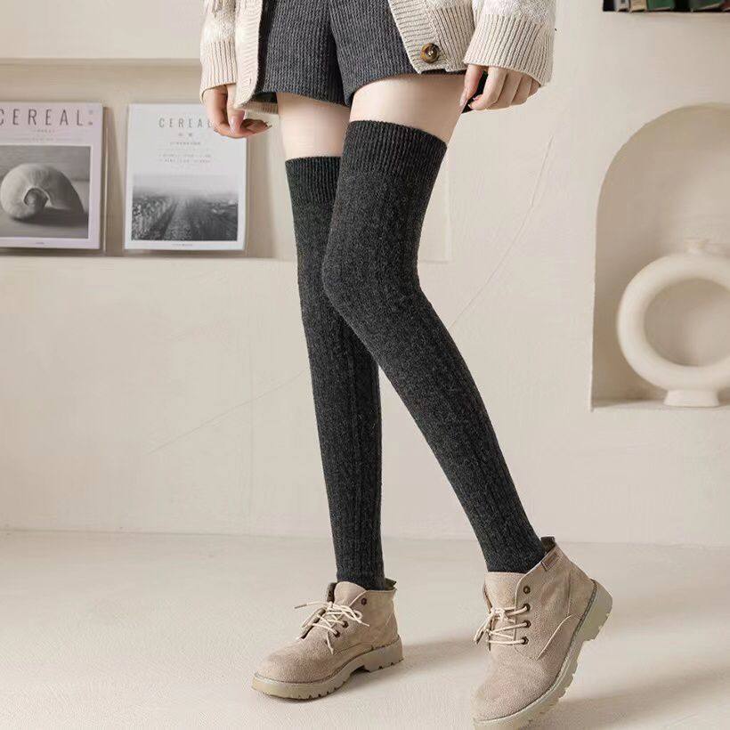 过膝袜长筒大腿袜瑜伽袜套兔羊毛加厚保暖针织靴套护膝保暖堆堆袜