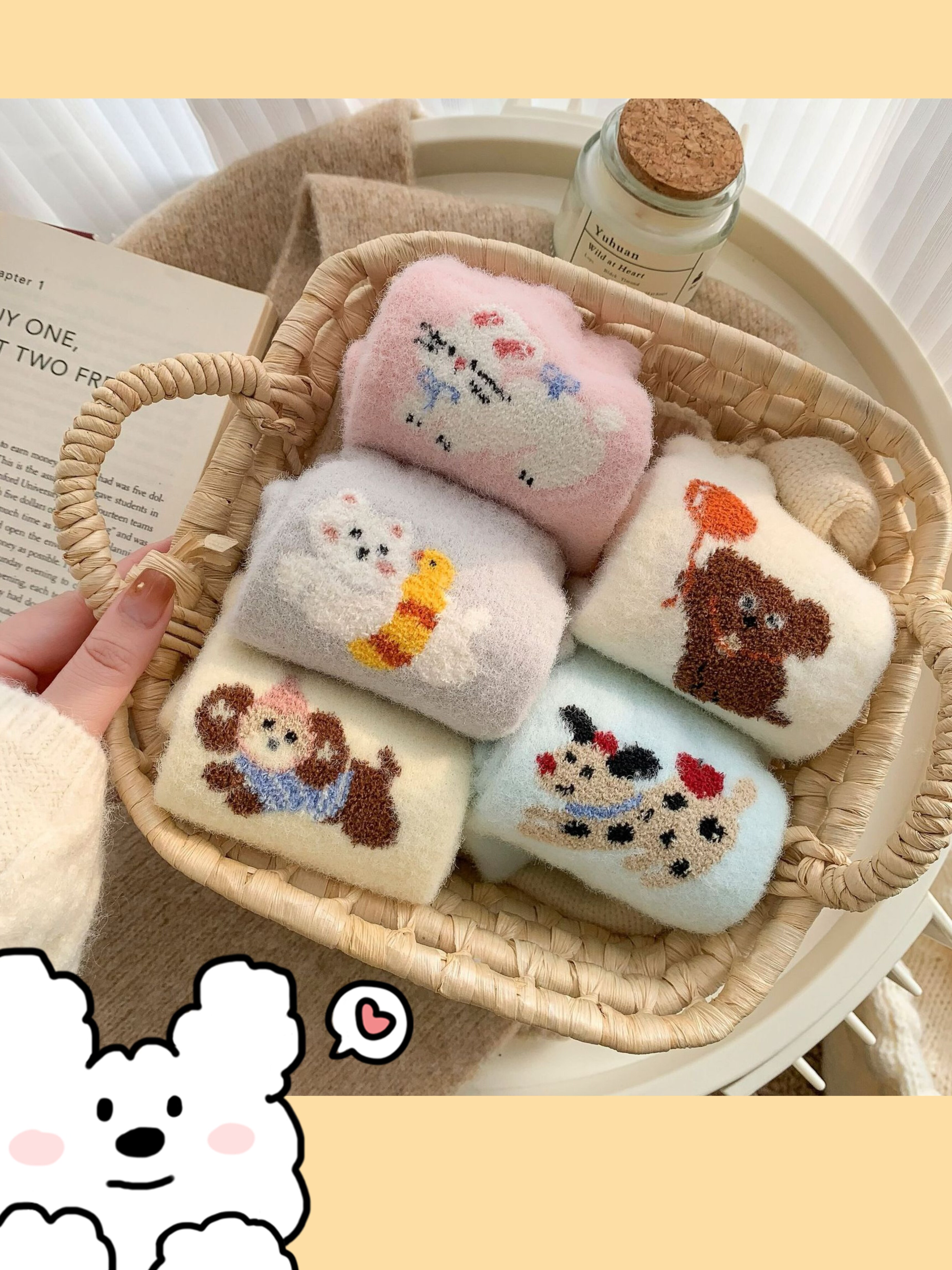 秋冬卡通可爱睡眠袜子加厚澳绒居家袜子植绒花苞袜口软蓄热月子袜