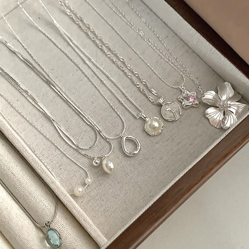 小众简约风素银珍珠蓝宝石项链女ins百搭不掉色锁骨链高级感饰品
