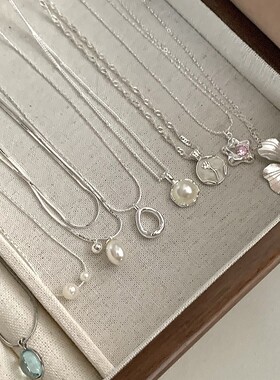 小众简约风素银珍珠蓝宝石项链女ins百搭不掉色锁骨链高级感饰品