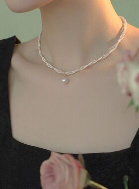 双层小米珠施家珍珠项链女夏季时尚气质高级感小众吊坠锁骨颈链