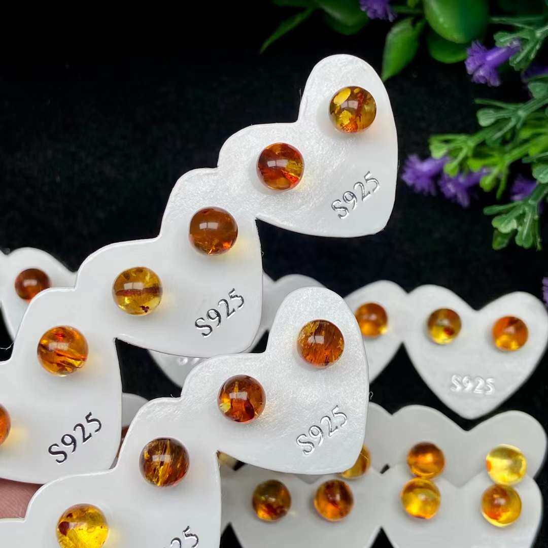 天然花珀s925纯银简约气质耳钉