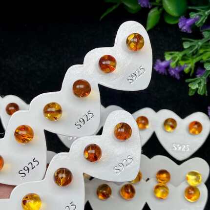s925纯银天然花珀耳钉飘花漂亮透意境优美主石6mm气质饰品礼物