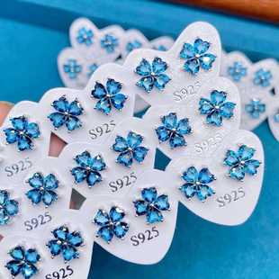 s925银针防过敏爱心四叶草切面伦敦蓝托帕石耳钉女饰品高级感气质