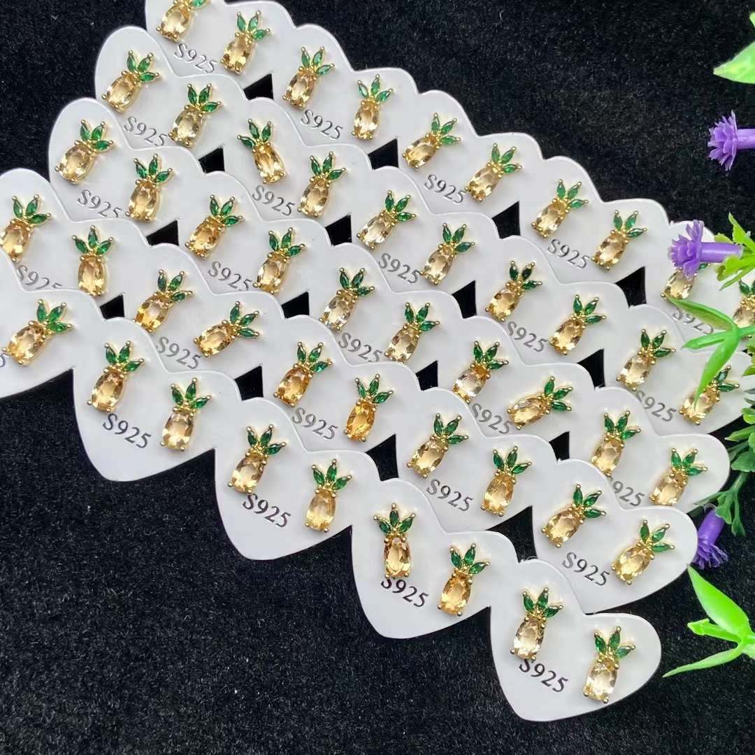 s925纯银针天然招财黄水晶菠耳钉