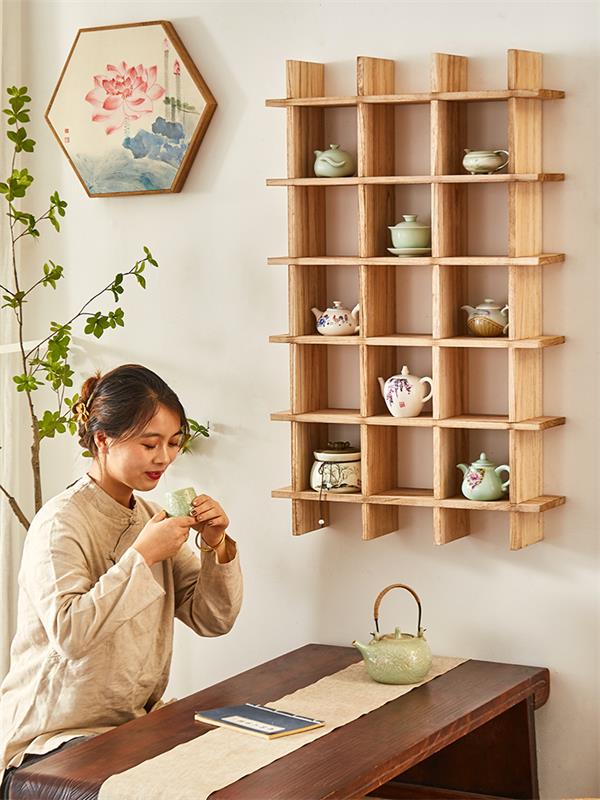 实木中式博古架壁挂式墙上置物架挂墙茶杯架展示架多宝阁茶具摆架