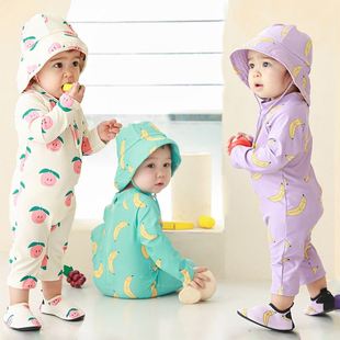 韩国新款 ins男童0 防晒泳装 儿童泳衣女童连体长袖 7婴儿游泳衣泳帽