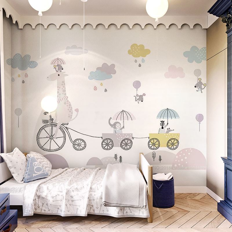 小动物单车卡通墙纸儿童房壁布男孩女孩卧室壁纸幼儿园墙布定制