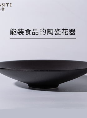 黑色高档花盘微景观苔藓桌面装饰造景盘斗笠圆盆陶瓷水培器皿花器