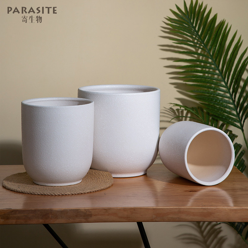 大花盆简约雪花纹白色陶瓷花盆客厅落地盆特大绿植盆透气室内陶盆