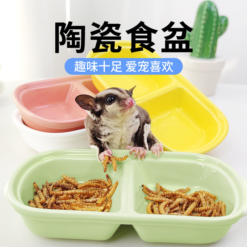 蜜袋鼯陶瓷碗防翻食盆双格吃饭碗用具喂食器用糖果色仓鼠用品大全