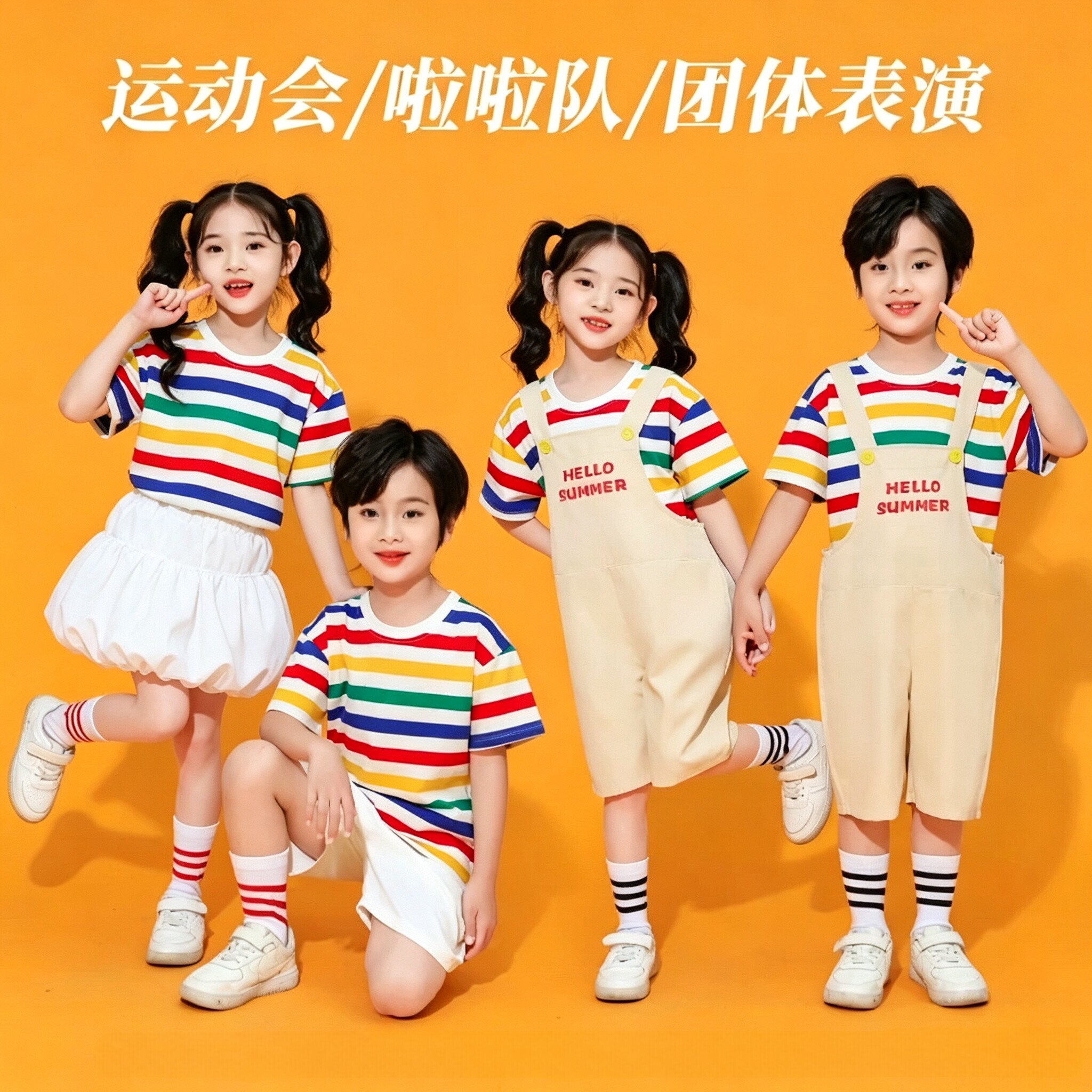 六一儿童演出服彩虹背带裤小学生运动会幼儿园啦啦队表演服装夏季
