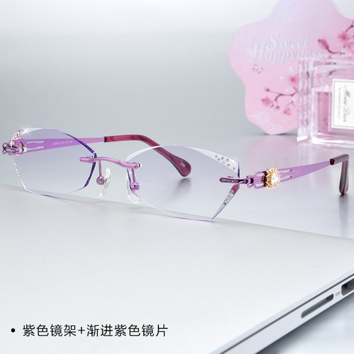 超轻纯钛无框近视眼镜女成品镶钻石切边眼镜变色眼镜架平光防辐射 - 封面