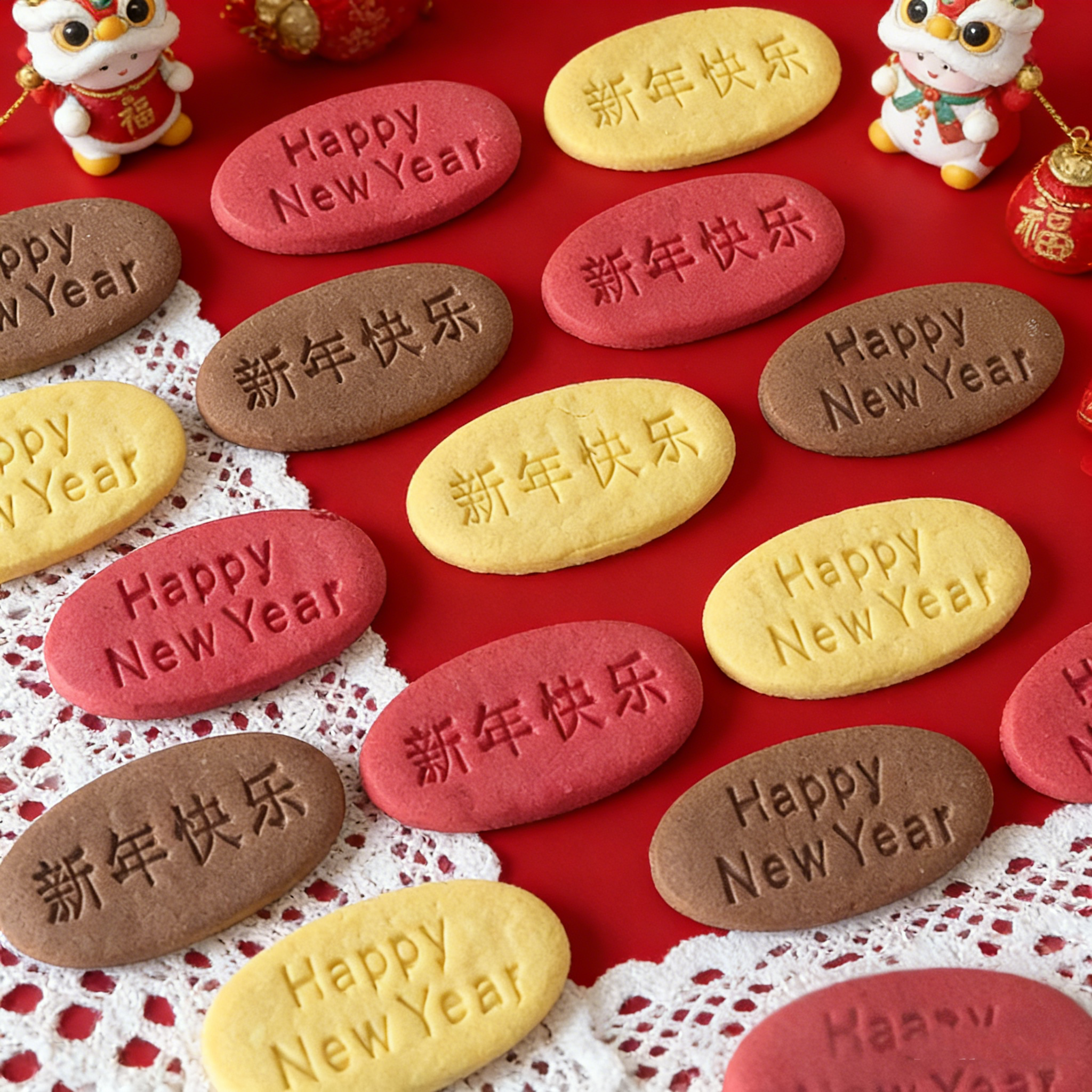 新款网红新年快乐饼干小甜品草莓蛋糕装饰插牌椭圆形饼干新年装扮